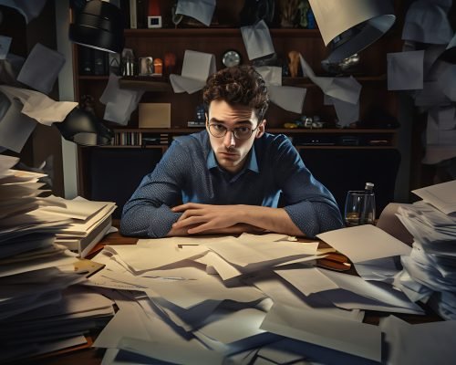Man looking through a job listings website while surrounded by paperwork.
